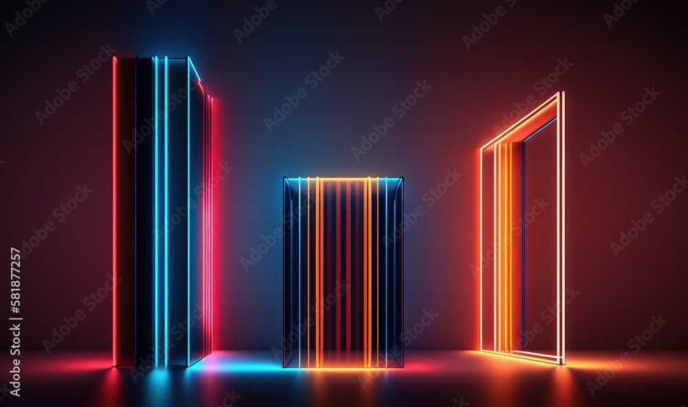 Aufkleber a group of neon lights that are next to each other in a room with a door and a mirror on the wall in