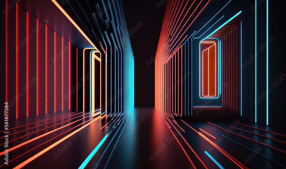 Poster a dark hallway with neon lights and a red light at the end of the hallway is a long corridor with re