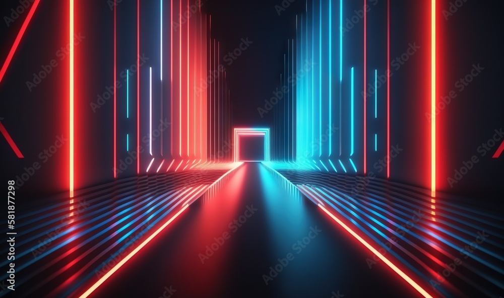 Poster a long hallway with neon lights and a dark background with red and blue lines on the walls and the f