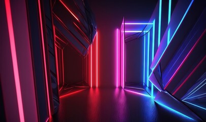  a hallway with neon lights and a dark floor in the middle of the hallway is a dark room with a red door and a pink light at the end of the room.  generative ai