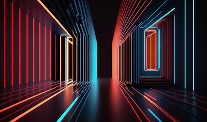  a dark hallway with neon lights and a red light at the end of the hallway is a long corridor with red and blue lines on both sides.  generative ai