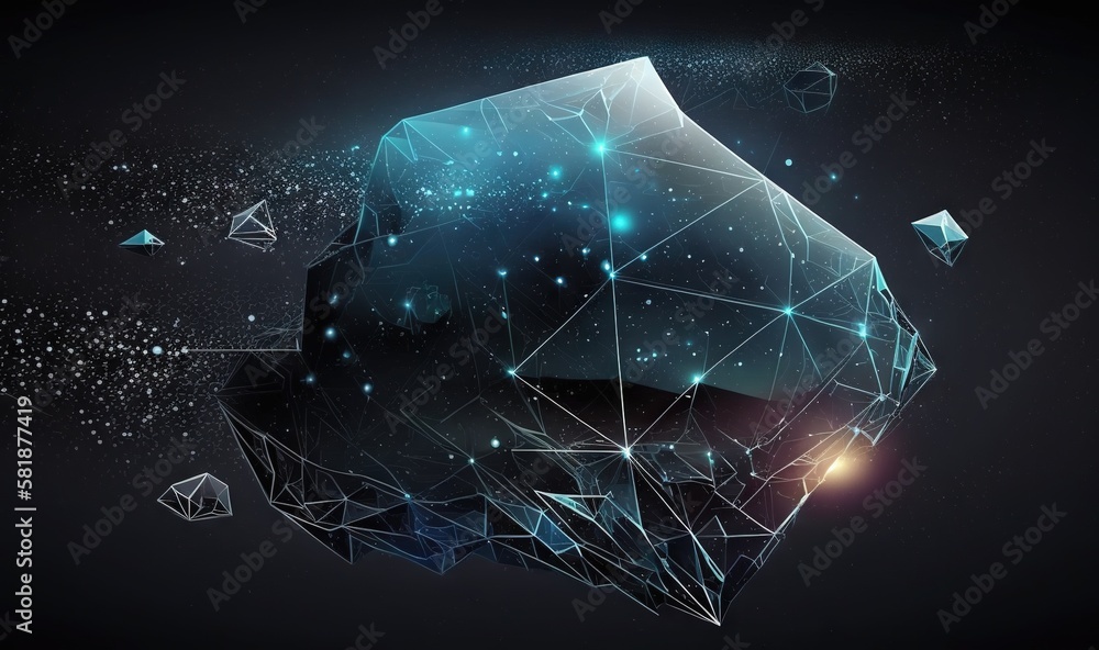 Poster an abstract image of a diamond in the sky with stars and a lot of other objects around it, with a bl