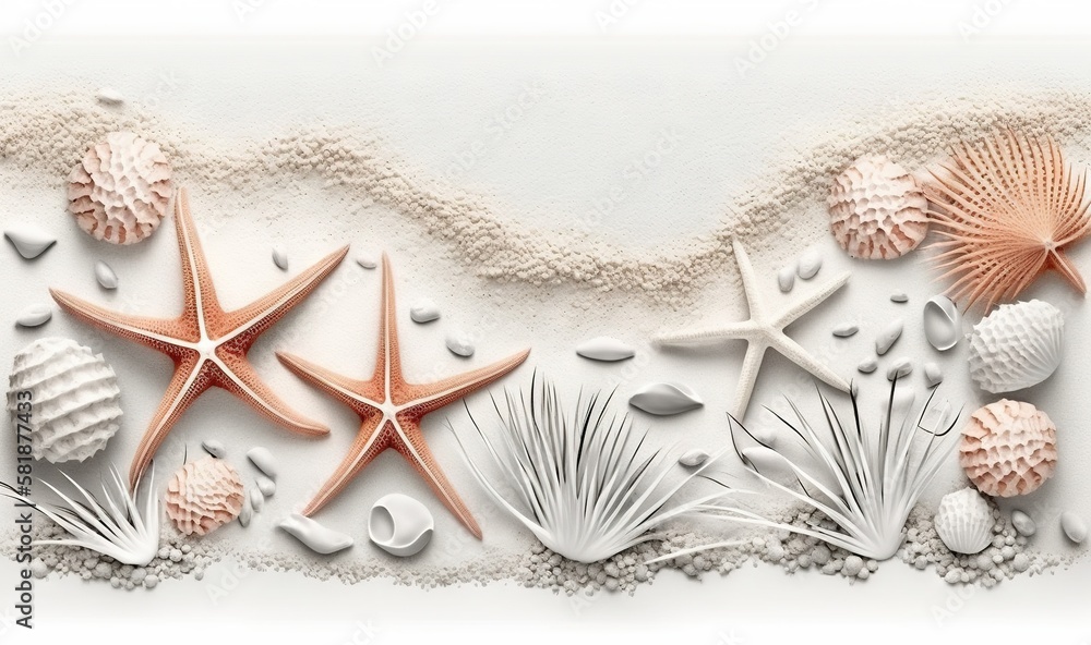 Poster a group of starfishs and seashells on a white background with sand and sea shells on the bottom of t