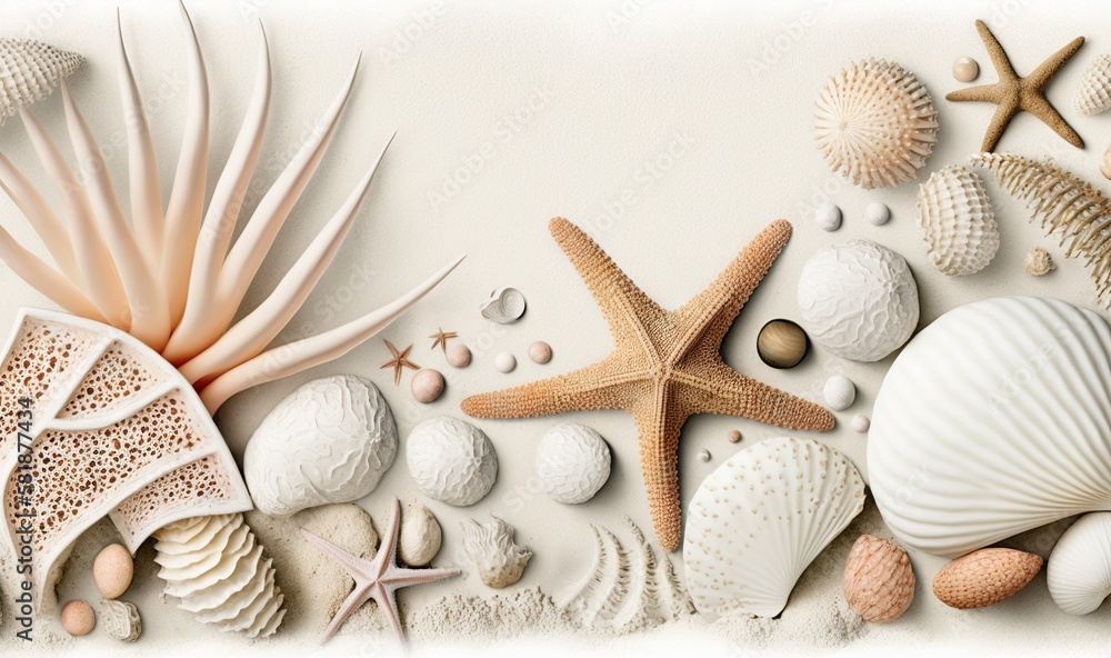Poster a group of seashells and starfish on a white background with a border of sand and sea shells on the 
