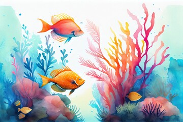 Fototapeta na wymiar Watercolor Illustration of a Colorful Tropical Fishes. Generative AI