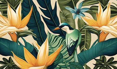  a painting of a bird sitting on a branch of a tree surrounded by tropical leaves and flowers on a beige background with blue and yellow flowers.  generative ai