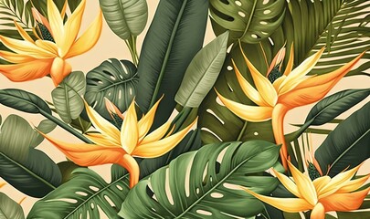  a bunch of tropical leaves and flowers on a beige background with a green and yellow pattern on the bottom half of the image and the bottom half of the image.  generative ai