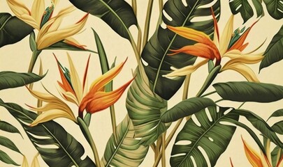  a painting of tropical plants and flowers on a white wallpapered background with yellow and orange flowers and green leaves on a cream background.  generative ai