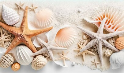  a group of starfish and seashells on a sandy beach with a blue sky in the back ground and a white sand background.  generative ai