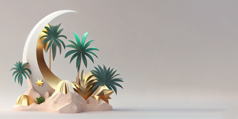 Fototapeta na wymiar Crescent moon and palm in ramadan decorative generative ai