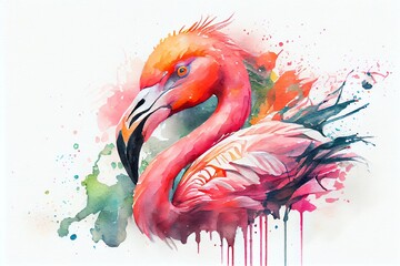 Watercolor Illustration of a Colorful Expression Of A Pink Flamingo Bird. Generative AI