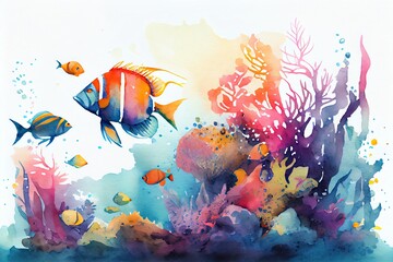 Watercolor Illustration of a Colorful Tropical Fishes. Generative AI