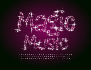 Vector creative poster Magic Music with Star sparkling Font. Glittering set of handwritten Alphabet Letters, Numbers and Symbols