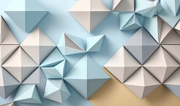  a blue and white background with a clock on top of a hill and a sky background with a few white origami pieces on it.  generative ai