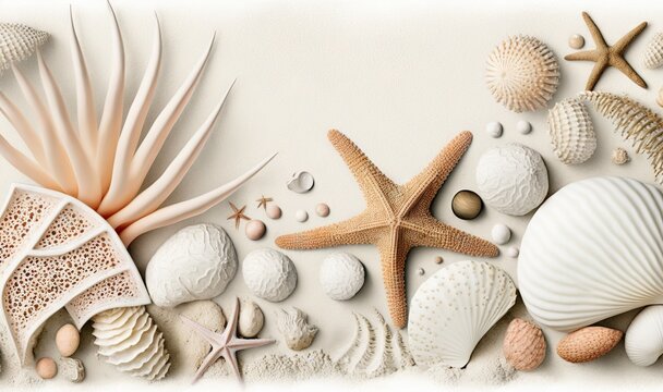  a group of seashells and starfish on a white background with a border of sand and sea shells on the bottom right side of the image.  generative ai