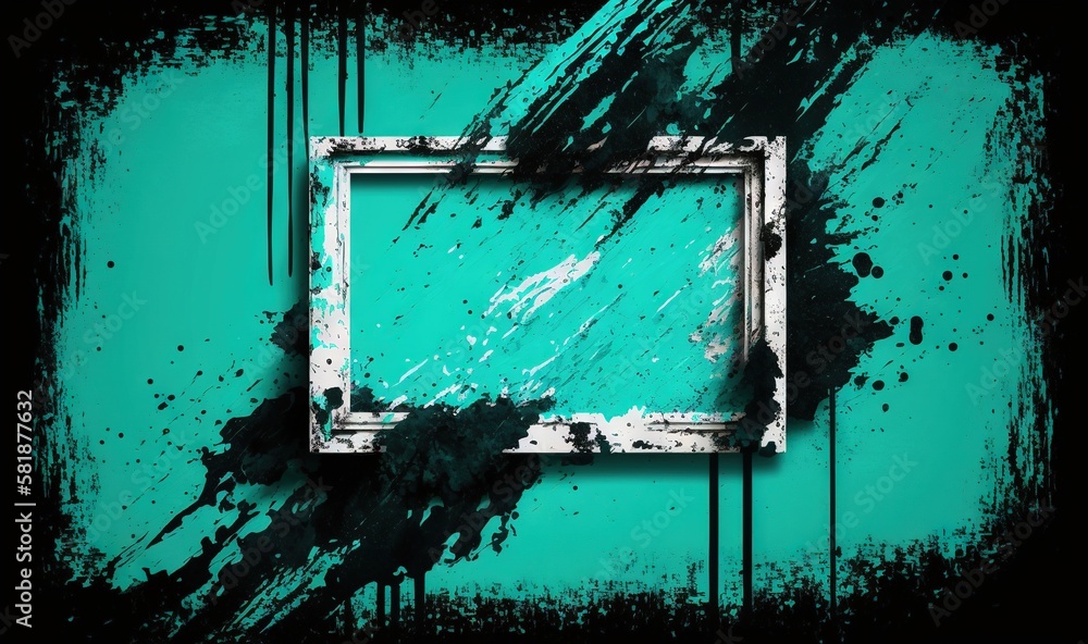 Poster a square frame with a grungy paint splattered on the bottom and bottom of the frame is a green backg