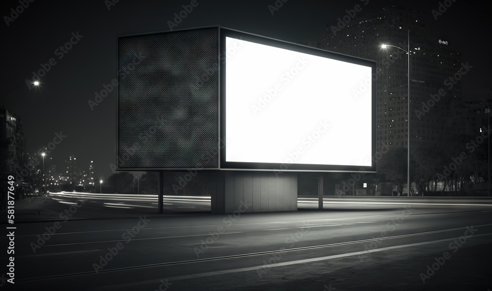 Poster a large billboard on the side of a road in a city at night with a street light in the background and