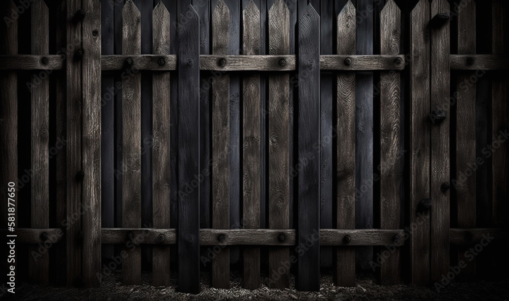 Poster a wooden fence with a black background and a black background with a black fence and a black backgro