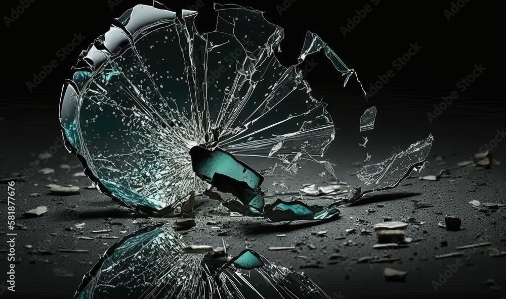 Poster a broken glass object on a black surface with a reflection of the broken glass on the floor and the 