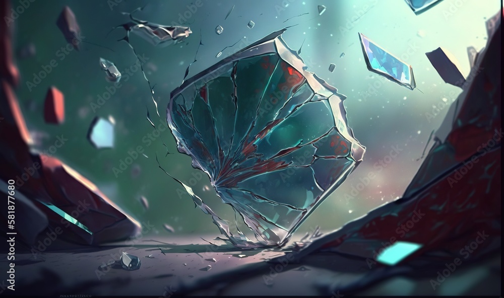 Poster a broken umbrella sitting in the middle of a room with shattered glass on the floor and a broken win