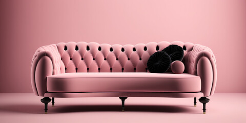 Artful Glamour: A Luxurious Pink Fabric Sofa with Stylish Pink and Black Cushions for a Sophisticated Concept Art Space. AI Generated Art.