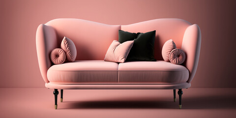 Modern Elegance: A Comfortable and Fashionable Pink Sofa with Eye-Catching Pink and Black Cushions in a Luxury Concept Art Room. AI Generated Art.