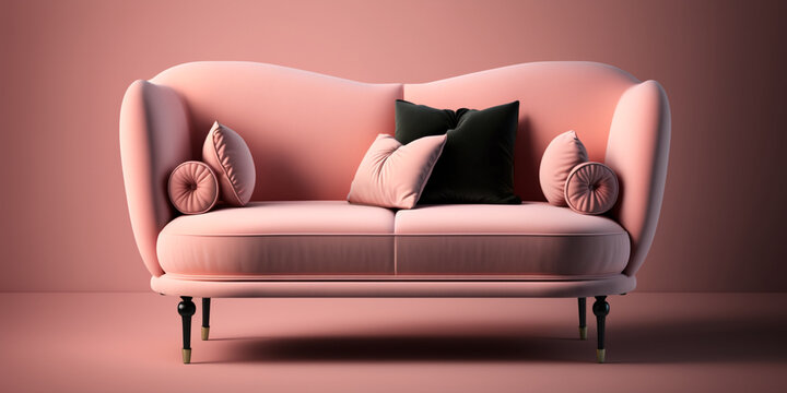 Modern Elegance: A Comfortable and Fashionable Pink Sofa with Eye-Catching Pink and Black Cushions in a Luxury Concept Art Room. AI Generated Art.