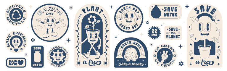 A set of retro old school stickers. Illustration of planet Earth, plants, alternative energy, eco. Earth day stickers. 2 colors, editable stroke