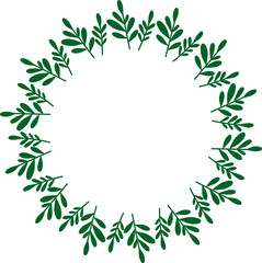 Round green wreath of plants. Vector hand drawn floral frame with branches and leaves in doodle style