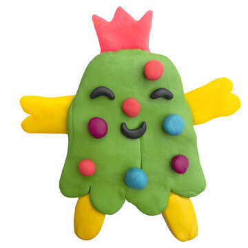 funky christmas tree character.Plasticine craft sticker.Clay 3d render patch.Real texture plasticine.quirky portrait character.Psychedelic funny hippie icon.New year symbol party 00s and 90s style