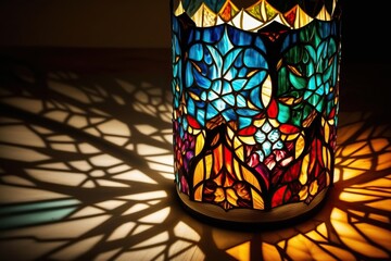 Stained glass lampshade casting colorful patterns of light on a wooden table, concept of Reflective and Luminous, created with Generative AI technology