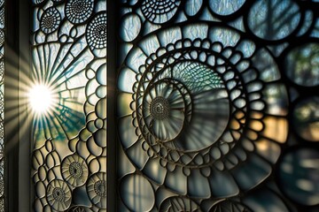 Textured and patterned glass window with the sun shining through, concept of Abstract and Refractive, created with Generative AI technology