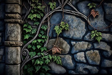 Fototapeta na wymiar Weathered and textured stone wall with vines growing on it, concept of Aged and Mossy, created with Generative AI technology