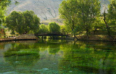 Fototapeta na wymiar Turquoise lake in the park. View of Gokpinar Lake in the morning light. Gurun district, Sivas, Turkey