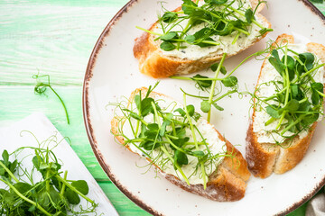 Open sandwich with cream cheese and micro greens at green background. Natural Healthy food, natural vitamins. Top view.