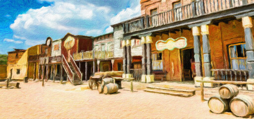 Creative illustration in vintage watercolor design - Wild West old village, rural buildings with blue sky.