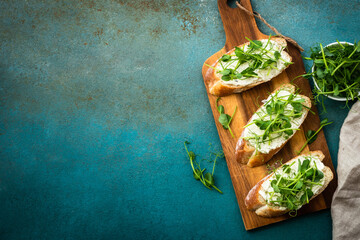 Toast with micro greens and cheese. Healthy food snack, vegetarian. Top view with copy space.