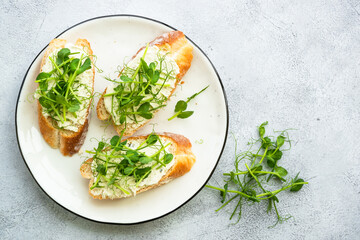 Toast with cream cheese and micro greens. Healthy food, natural vitamins. Top view.