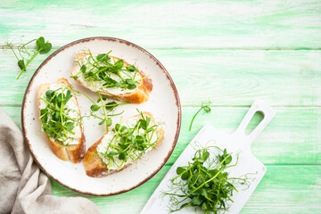 Open sandwich with cream cheese and micro greens at green background. Natural Healthy food, natural vitamins. Top view with copy space.