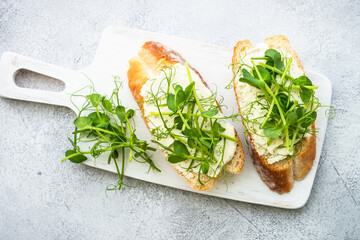 Toast with cream cheese and micro greens. Healthy food, vegetarian, natural vitamins. Top view.