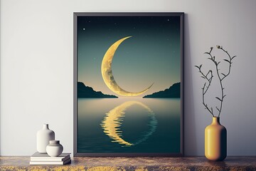 illustration, calm seascape with a crescent moon, ai generative