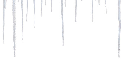 Row of hanging icicles. Isolated png with transparency