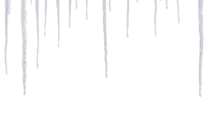 Row of hanging icicles. Isolated png with transparency
