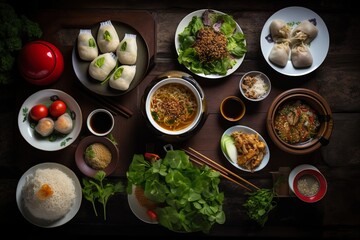 Fototapeta na wymiar Vietnamese food table, dimsum, spicy foodphotography, generative ai