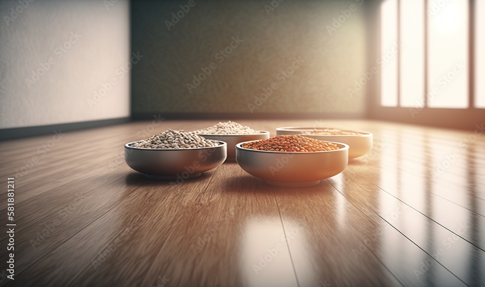 Poster three bowls of cereal sit on a wooden floor in front of a window with sunlight streaming through the