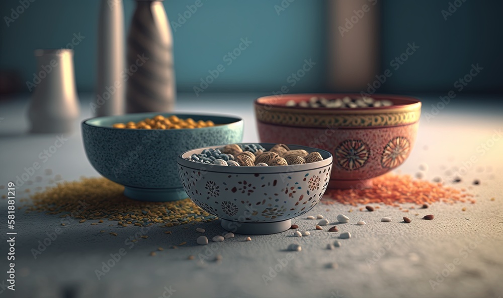 Poster three bowls of cereal and cereal flakes on a countertop with a vase in the background and a bottle o