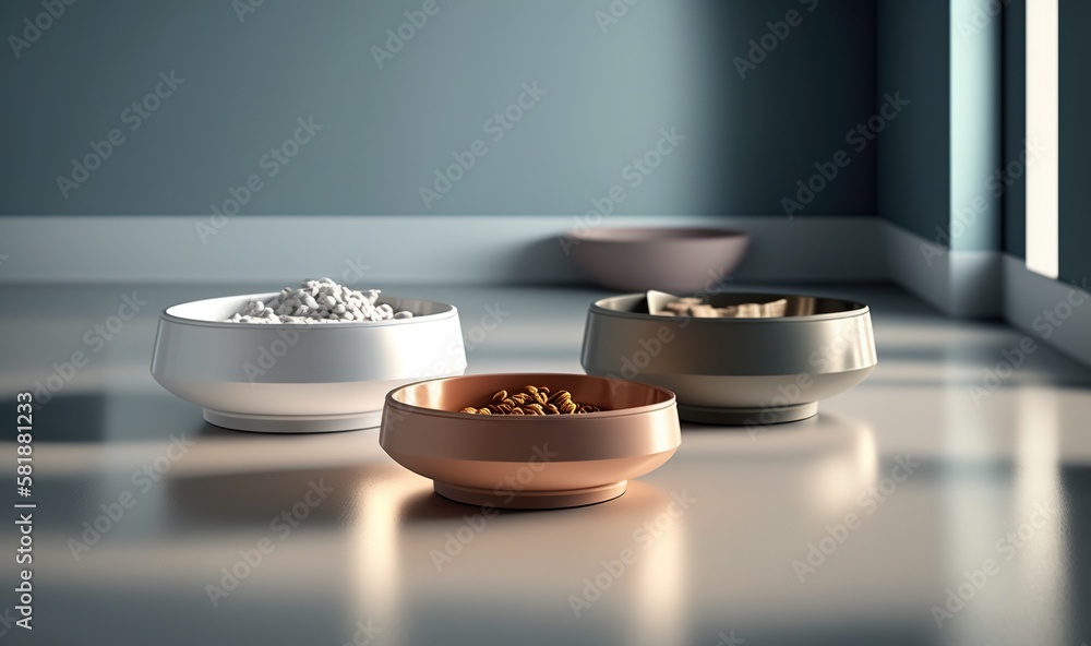 Poster three bowls of food are sitting on a counter top in a room with a window and a wall in the backgroun