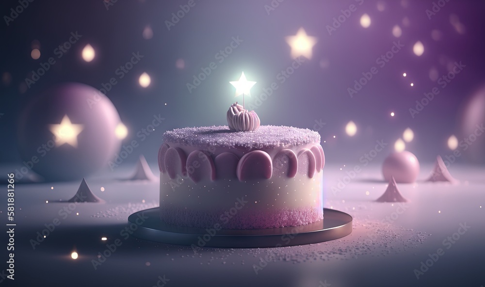 Poster a cake with a candle on top of it surrounded by stars and confetti on a table with a purple and blac