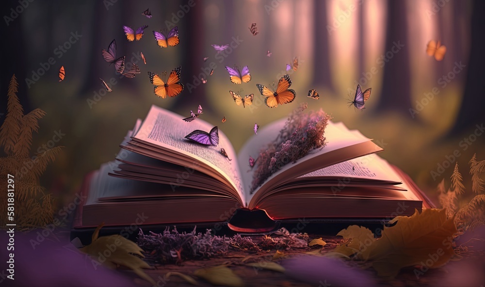 Poster an open book with butterflies flying out of it on a table in a forest filled with leaves and grass, 