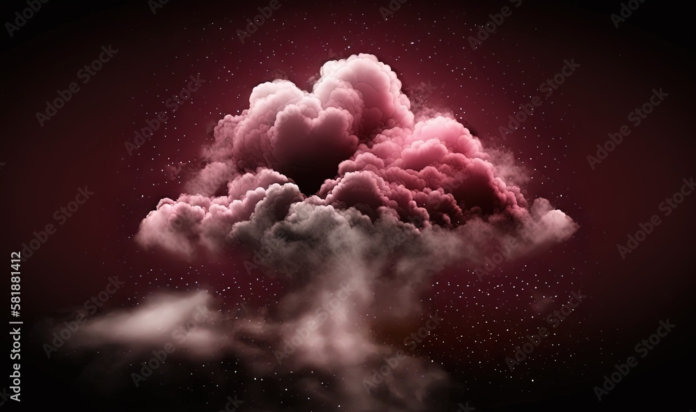 Poster a pink cloud floating in the air with stars in the sky behind it on a black background with a red gl